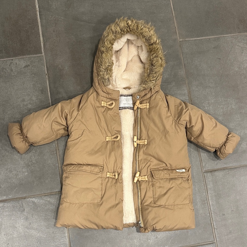 Zara Tan Hooded Baby Coat with Faux Fur Trim and Furry Lining